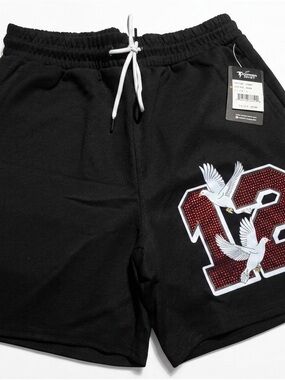 Men's Black Athletic Drawstring Shorts with Red '12' Graphic- M